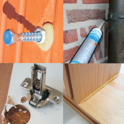 chemischer schraubanker in ziegelwand dichtstofffuge an mauerrohr möbelscharnier in spanplatte holzleimfuge