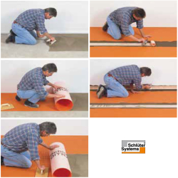 handwerker verlegt orange schlüter-ditra entkopplungsmatte auf betonboden mit kleber und nahtband