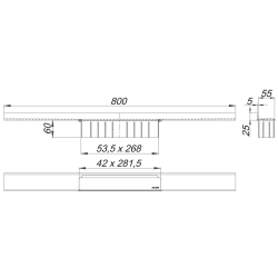 technische zeichnung lineare duschrinne 800 mm länge einbautiefe 60 mm innenmaß 53,5 x 268 mm flansch 55 x 25 mm