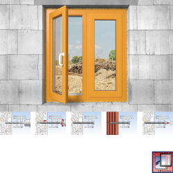 gelber fensterrahmen montiert in betonmauer montage mit dübel und schrauben in beton und ziegel