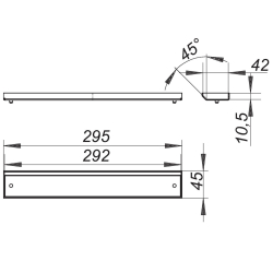 technische zeichnung rechteckiges bauteil länge 295 mm höhe 45 mm tiefe 42 mm materialstärke 10,5 mm 45° fasung