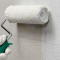 weißer flauschroller mit grünem kunststoffgriff beim streichen einer weißen wand