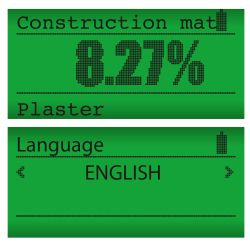 grüne digitale anzeige zweigeteilt mit construction mat 8.27% plaster oben und language english mit pfeilen unten