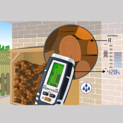 holzfeuchtemessgerät mit grünem display misst feuchtigkeitsgehalt von holzscheiten im holzunterstand 42,8 %