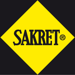 gelbe raute mit sakret schriftzug vor schwarzem hintergrund