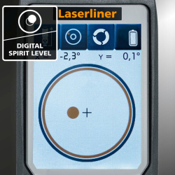 laserliner digitaler neigungsmesser display mit winkelanzeige x -2,3° y 0,1° und akkusymbol
