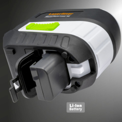 laserliner masterplane-laser 3g li-ion akku im geöffneten batteriefach weiß schwarz grün