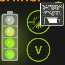 batterieanzeige vier kreise dreimal grün einmal grau daneben grünes sonnensymbol durchgestrichen v und battery status kasten