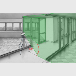 laser nivelliergerät auf stativ mit grünen laserlinien markiert 90° ecke in innenraum mit fliesenboden und fenstern