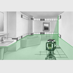 selbstnivellierender kreuzlinienlaser auf stativ projiziert grüne linien auf wand und boden mit waschbecken und badewanne