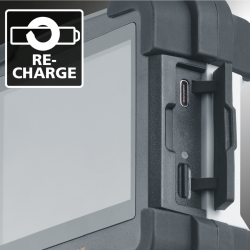 akku-baustellenlampe mit usb-c und micro-usb ladeanschlüssen gummiertes gehäuse und recharge-symbol