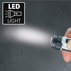 led light icon oben links mikro led taschenlampe weiss dunkelgrau mit schiebeschalter in hand gehalten mit lichtstrahl