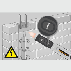 laserliner leitungsdetektor mit zoom-taste an ziegelwand erkennt rohre stromkabel metall