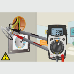 laserliner multimeter pocket xp spannungsprüfung 230 v ac an unterputzdose mit roten und schwarzen prüfspitzen
