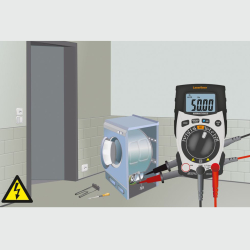 laserliner multimessgerät pocket xp mit roten und schwarzen messleitungen an offenem lüftergehäuse