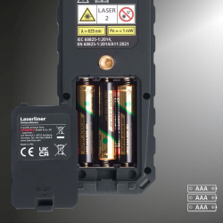 laserliner distancemaster entfernungsmesser geöffnetes akkufach mit drei super alkaline lr03 aaa batterien