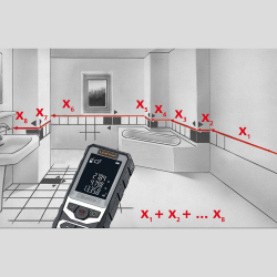 laserliner distancemaster laser entfernungsmessgerät in gefliestem badezimmer mit messabschnitten x1 bis x8