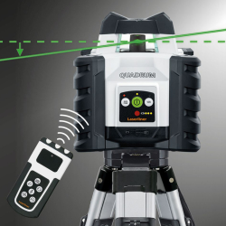 laserliner quadrum rotationslaser 360° auf stativ mit funkfernbedienung und grünen laserlinien